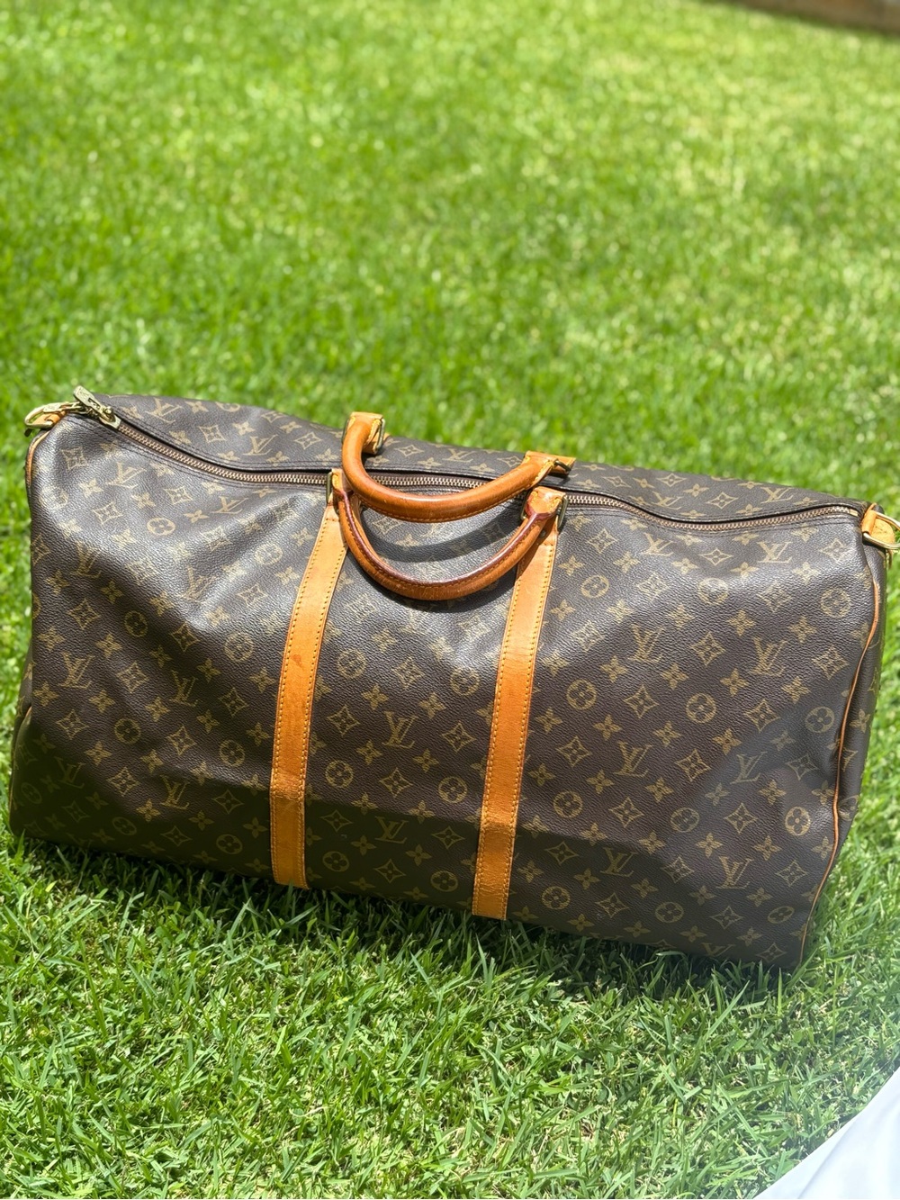 Louis Vuitton Keepall 60 Monogram Canvas Travel Duffel with Tan Trim